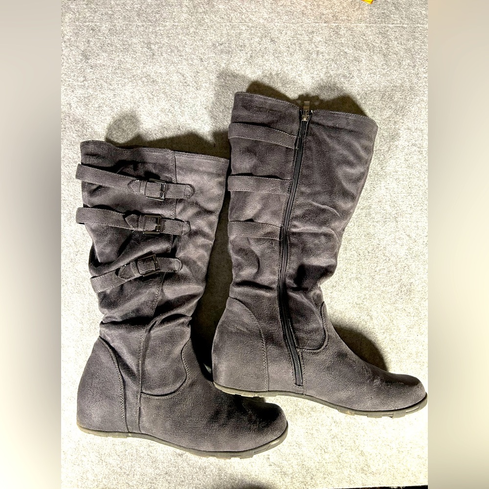 Women’s high boots, size 11, Wanted brand, Sadler style, gray, buckle detail